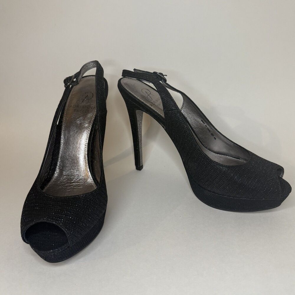 Adrianna Papell Black Glitter Slingback Peep Toe Heels Size 9